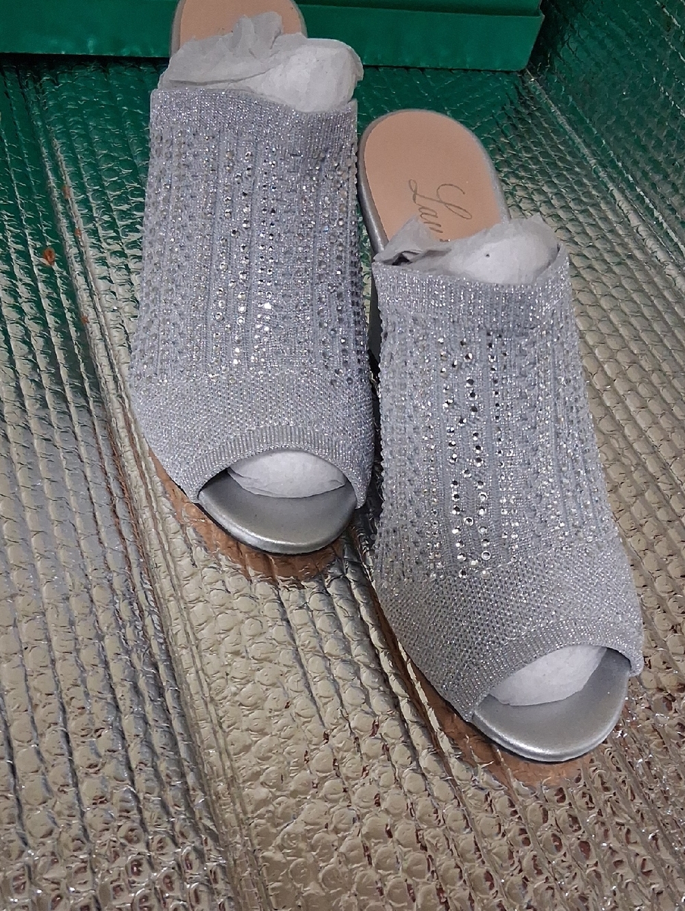 La Silver Rhinestone Knit Open-Toe Mule